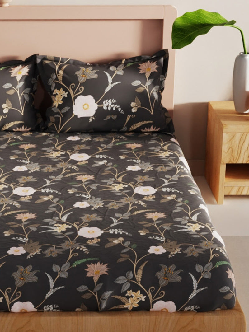 Bamboo Micro King Bedsheet With 2 Pillow Covers <small> (floral-charcoalgrey)</small>