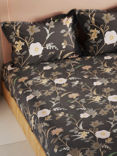 Bamboo Micro King Bedsheet With 2 Pillow Covers <small> (floral-charcoalgrey)</small>