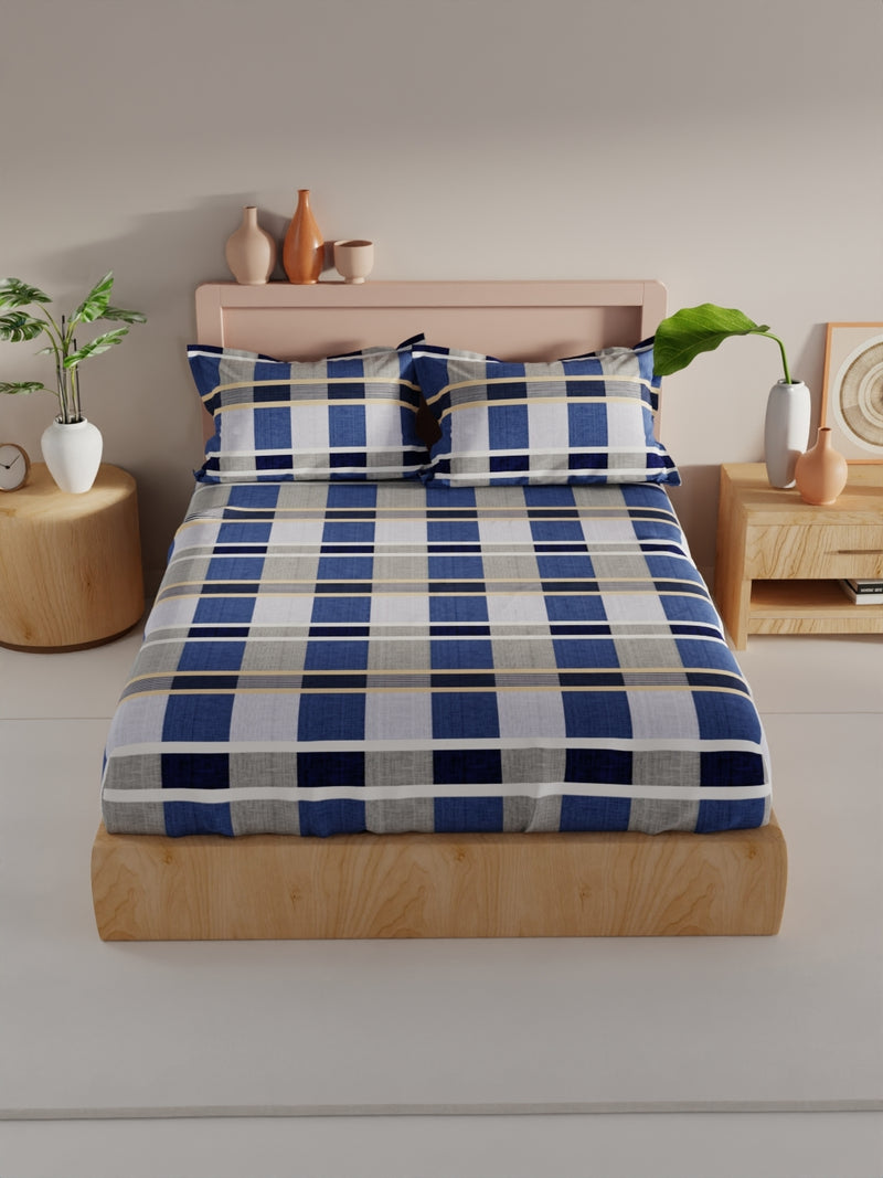 Bamboo Micro King Bedsheet With 2 Pillow Covers <small> (checks-blue)</small>