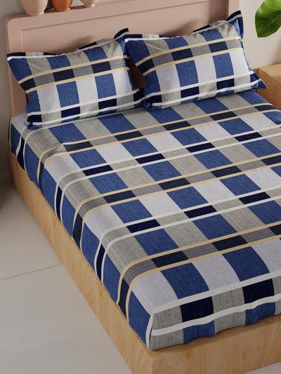 Bamboo Micro King Bedsheet With 2 Pillow Covers <small> (checks-blue)</small>