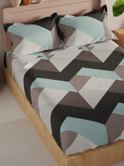 Bamboo Micro King Bedsheet With 2 Pillow Covers <small> (geometric-grey/turq)</small>