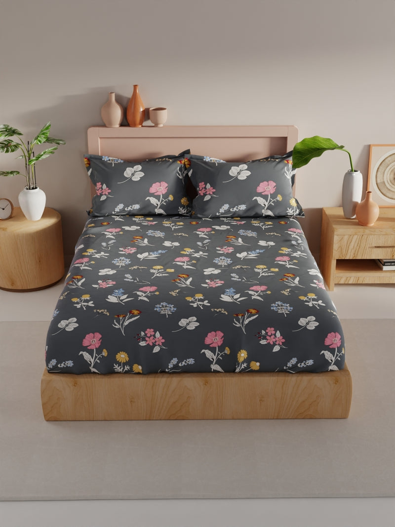 Bamboo Micro King Bedsheet With 2 Pillow Covers <small> (floral-grey)</small>