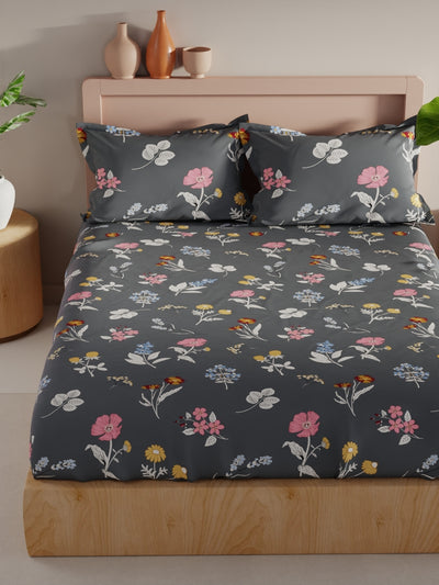 Bamboo Micro King Bedsheet With 2 Pillow Covers <small> (floral-grey)</small>