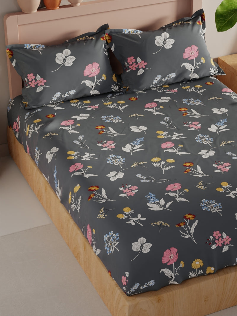 Bamboo Micro King Bedsheet With 2 Pillow Covers <small> (floral-grey)</small>