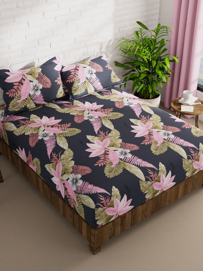 Extra Smooth Micro Double Bedsheet With 2 Pillow Covers <small> (floral-dk.grey)</small>