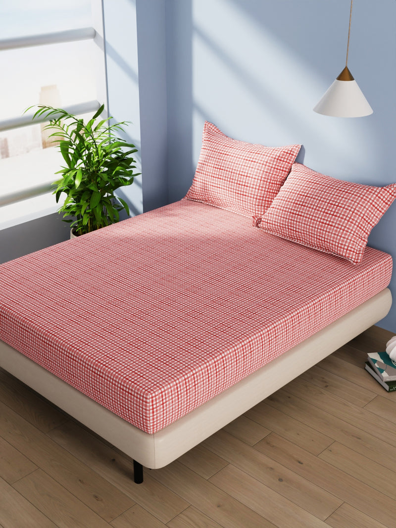 Cotton Double Bedsheet With 2 Pillow Covers <small> (checks-red)</small>