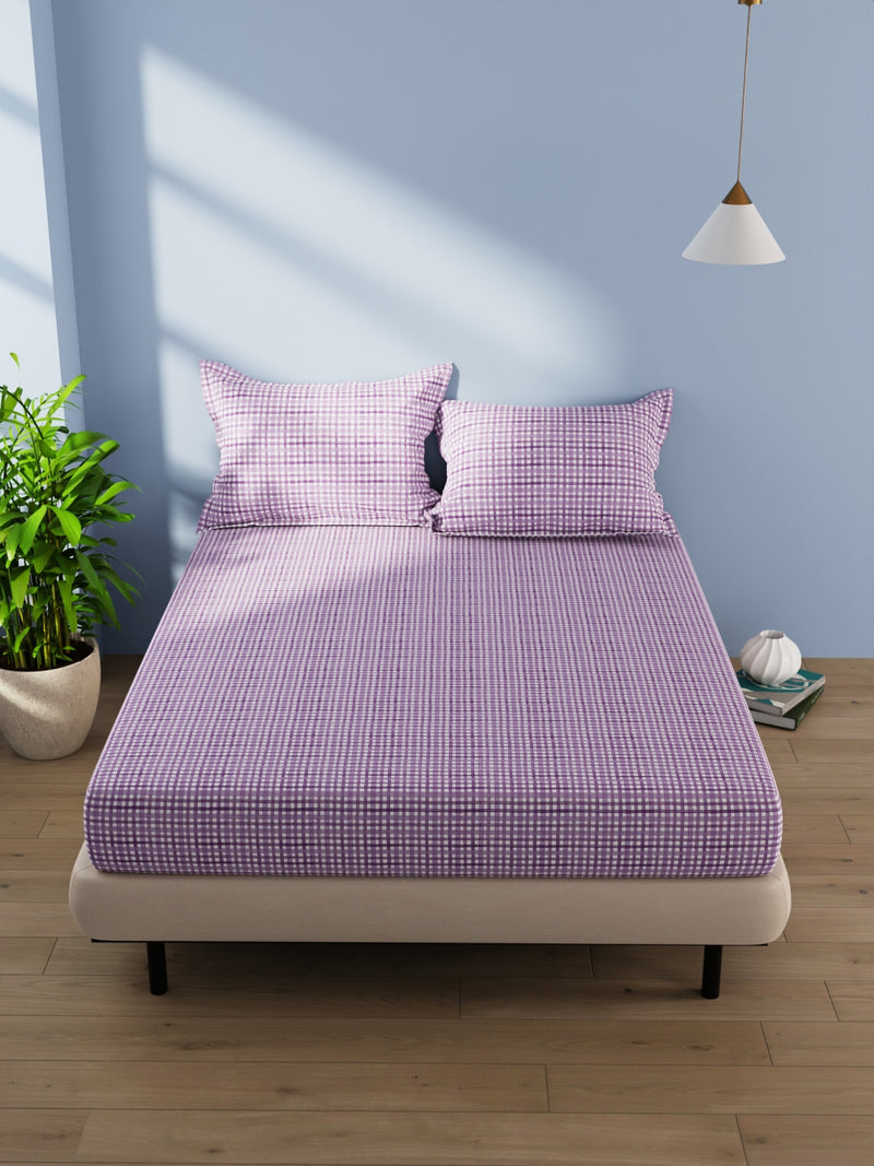 Cotton Double Bedsheet With 2 Pillow Covers <small> (checks-lilac)</small>