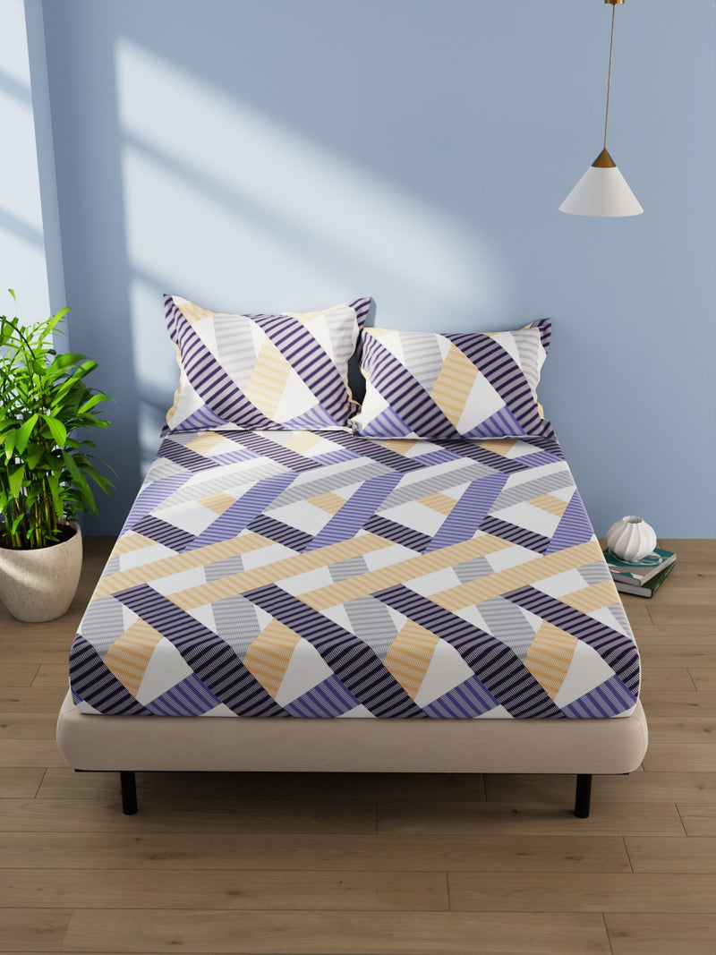 Cotton Double Bedsheet With 2 Pillow Covers <small> (geometric-blue/multi)</small>