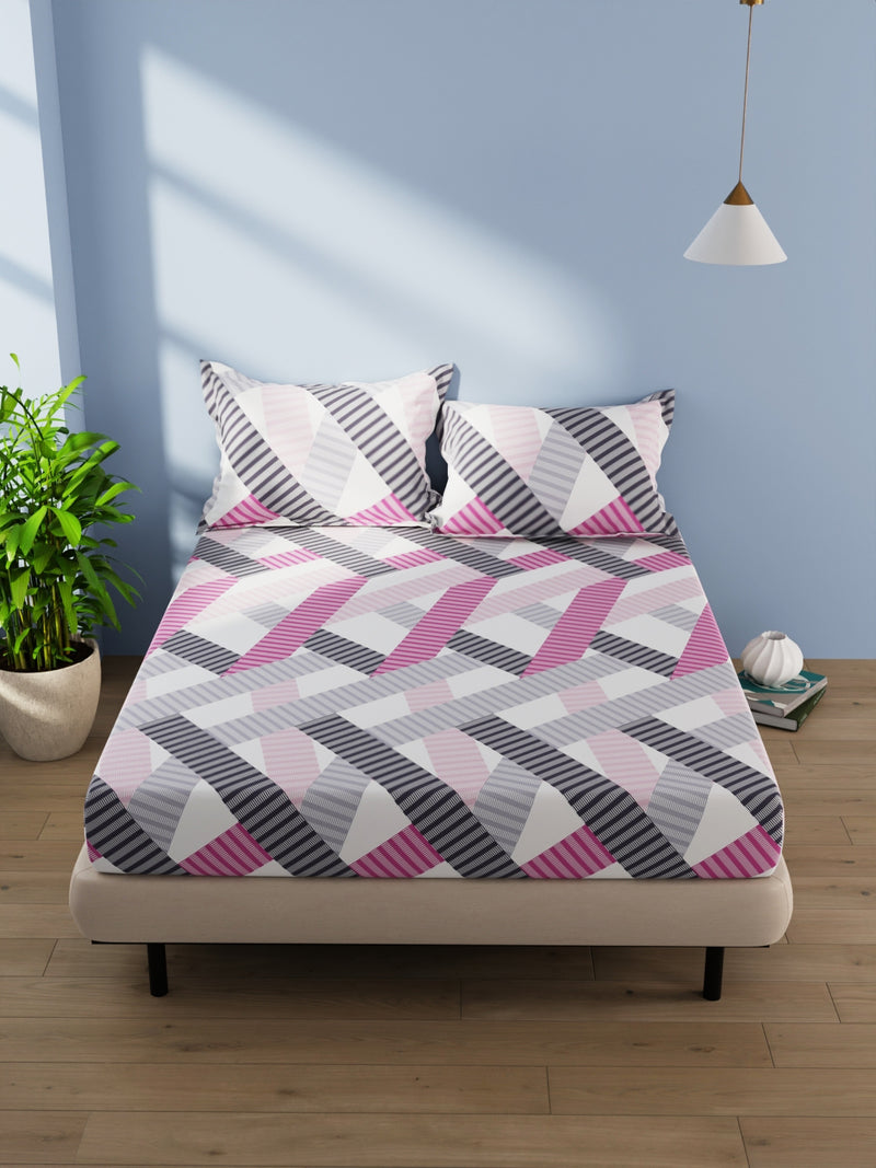 Cotton Double Bedsheet With 2 Pillow Covers <small> (geometric-pink/multi)</small>