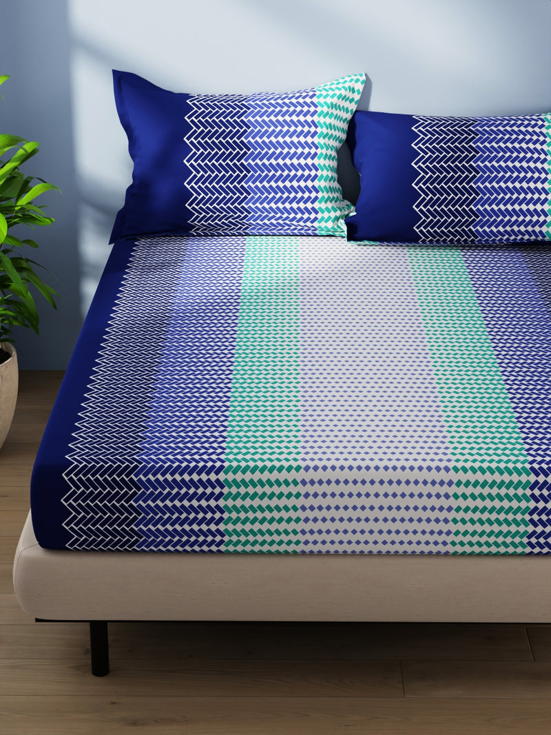 Cotton Double Bedsheet With 2 Pillow Covers <small> (geometric-blue/multi)</small>