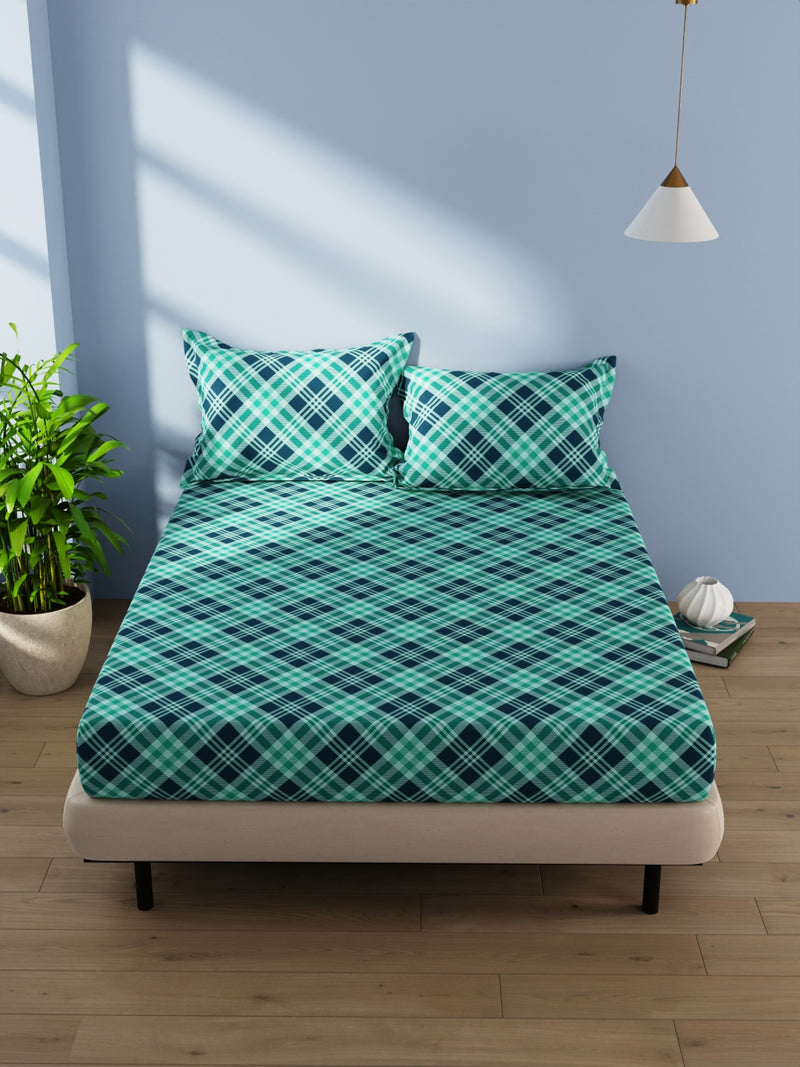 Cotton Double Bedsheet With 2 Pillow Covers <small> (checks-teal)</small>