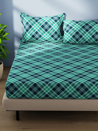 Cotton Double Bedsheet With 2 Pillow Covers <small> (checks-teal)</small>