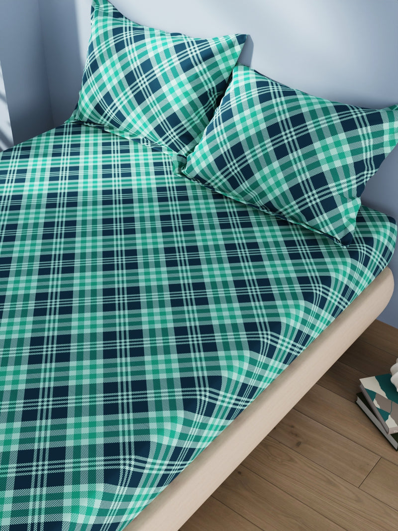 Cotton Double Bedsheet With 2 Pillow Covers <small> (checks-teal)</small>