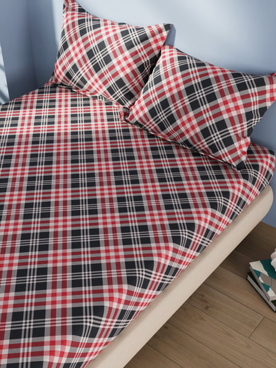 Cotton Double Bedsheet With 2 Pillow Covers <small> (checks-grey/red)</small>