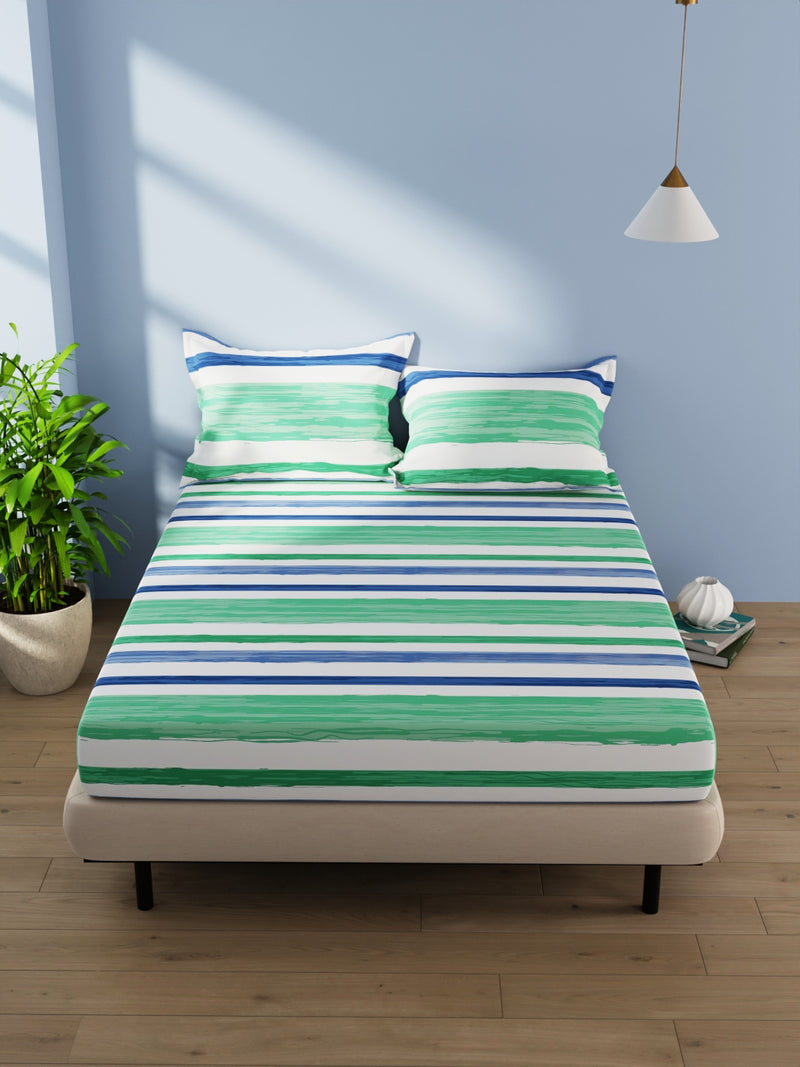 Cotton Double Bedsheet With 2 Pillow Covers <small> (stripe-green/blue)</small>