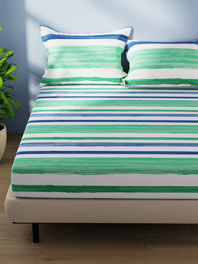 Cotton Double Bedsheet With 2 Pillow Covers <small> (stripe-green/blue)</small>