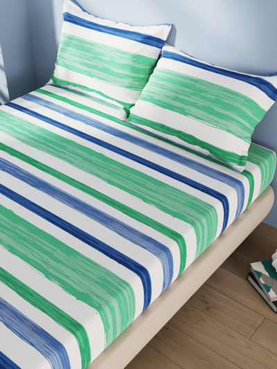 Cotton Double Bedsheet With 2 Pillow Covers <small> (stripe-green/blue)</small>