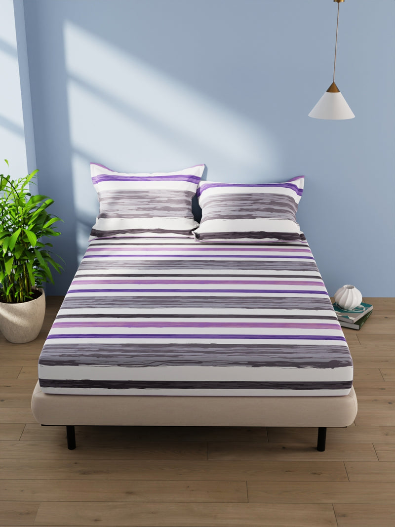 Cotton Double Bedsheet With 2 Pillow Covers <small> (stripe-grey/purple)</small>