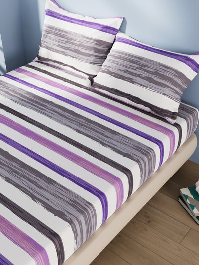 Cotton Double Bedsheet With 2 Pillow Covers <small> (stripe-grey/purple)</small>