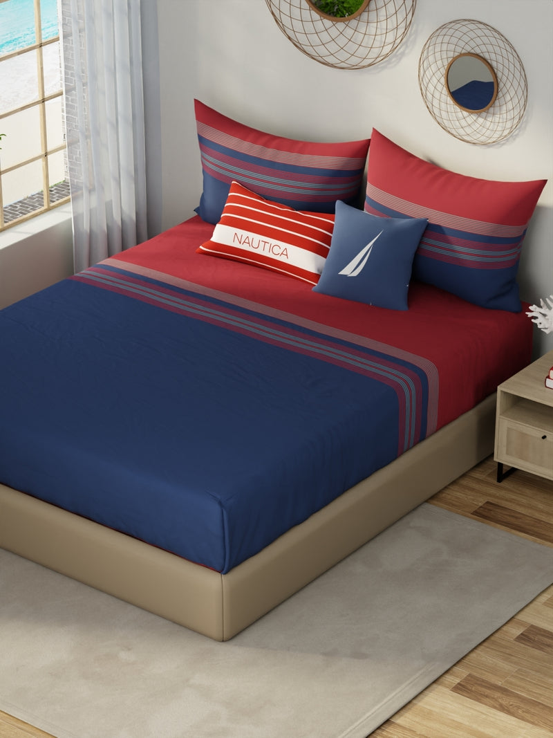 Designer 100% Satin Cotton Xl King Bedsheet With 2 Pillow Covers <small> (stripe-red/navy)</small>