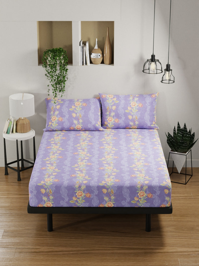 100% Pure Cotton Double Bedsheet With 2 Pillow Covers <small> (floral-lilac/orange)</small>