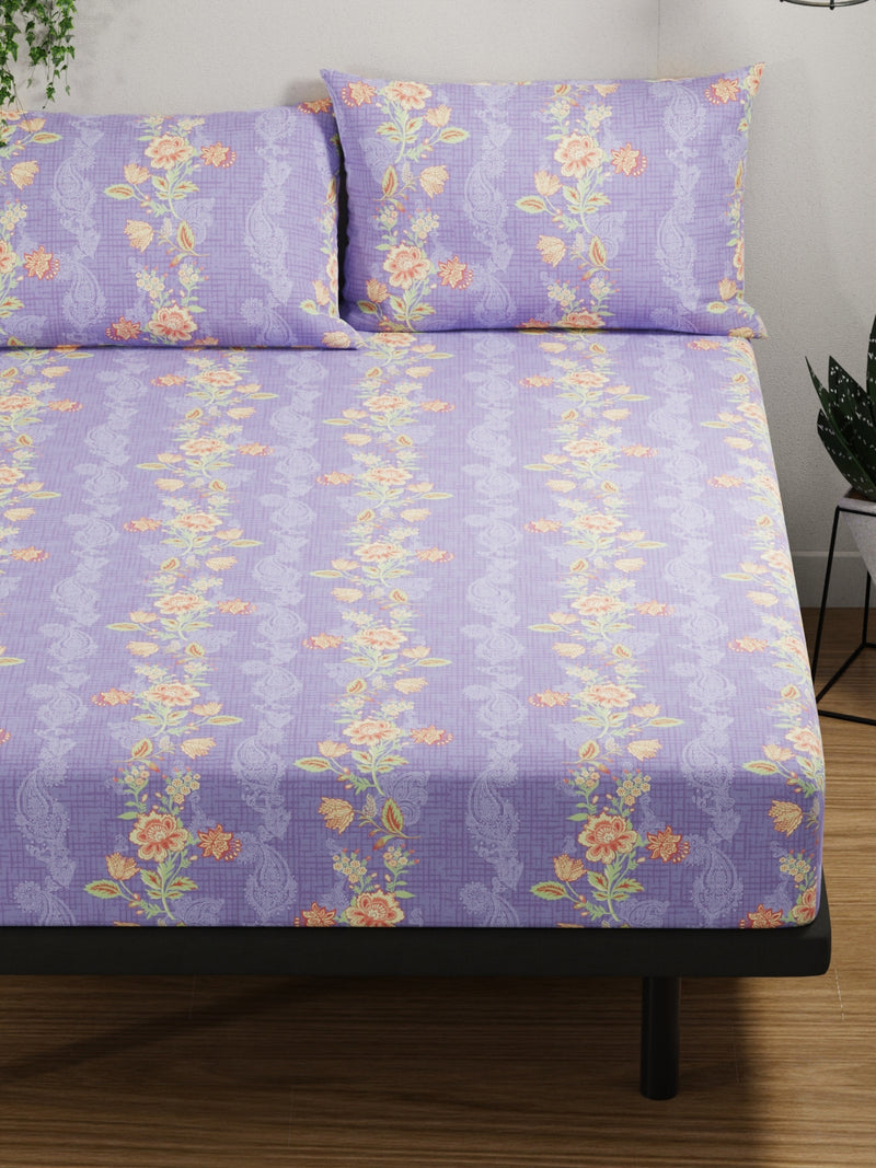 100% Pure Cotton Double Bedsheet With 2 Pillow Covers <small> (floral-lilac/orange)</small>