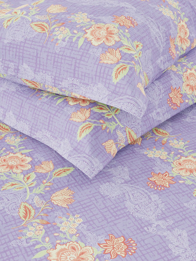 100% Pure Cotton Double Bedsheet With 2 Pillow Covers <small> (floral-lilac/orange)</small>