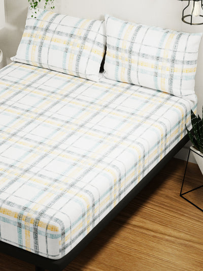 100% Pure Cotton Double Bedsheet With 2 Pillow Covers <small> (checks-gold/blue)</small>