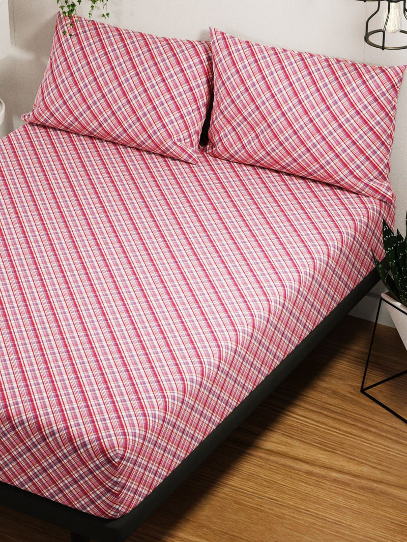 100% Pure Cotton Double Bedsheet With 2 Pillow Covers <small> (checks-red/multi)</small>