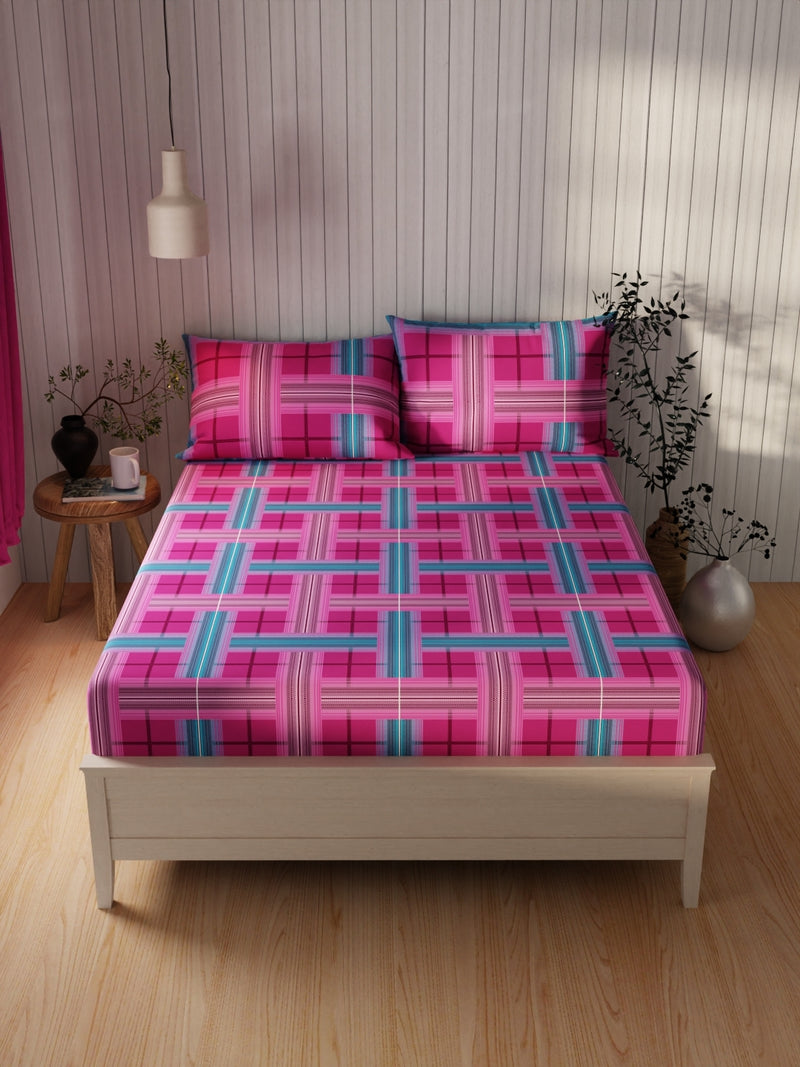 Extra Smooth Cotton Double Bedsheet With 2 Pillow Covers <small> (checks-magenta)</small>