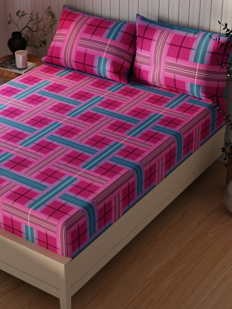 Extra Smooth Cotton Double Bedsheet With 2 Pillow Covers <small> (checks-magenta)</small>