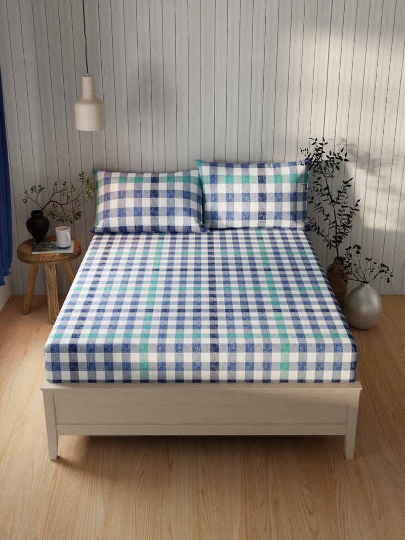 Extra Smooth Cotton Double Bedsheet With 2 Pillow Covers <small> (checks-blue)</small>