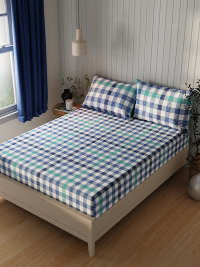 Extra Smooth Cotton Double Bedsheet With 2 Pillow Covers <small> (checks-blue)</small>