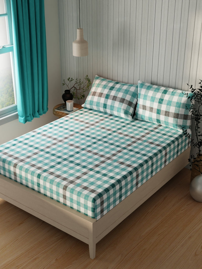 Extra Smooth Cotton Double Bedsheet With 2 Pillow Covers <small> (checks-teal)</small>