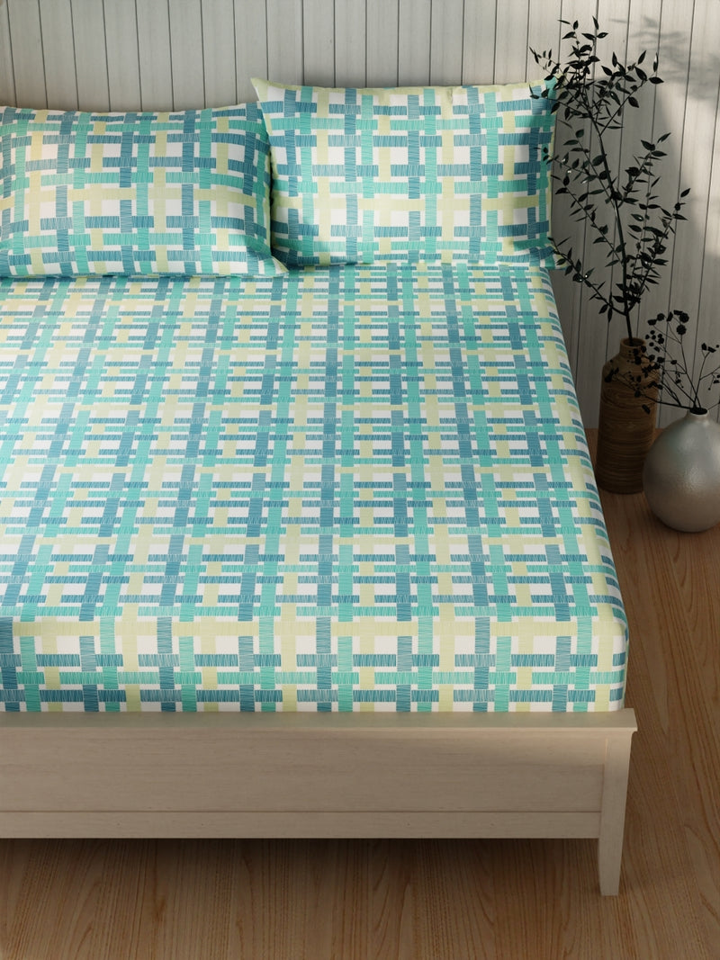 Extra Smooth Cotton Double Bedsheet With 2 Pillow Covers <small> (geometric-teal/lime)</small>