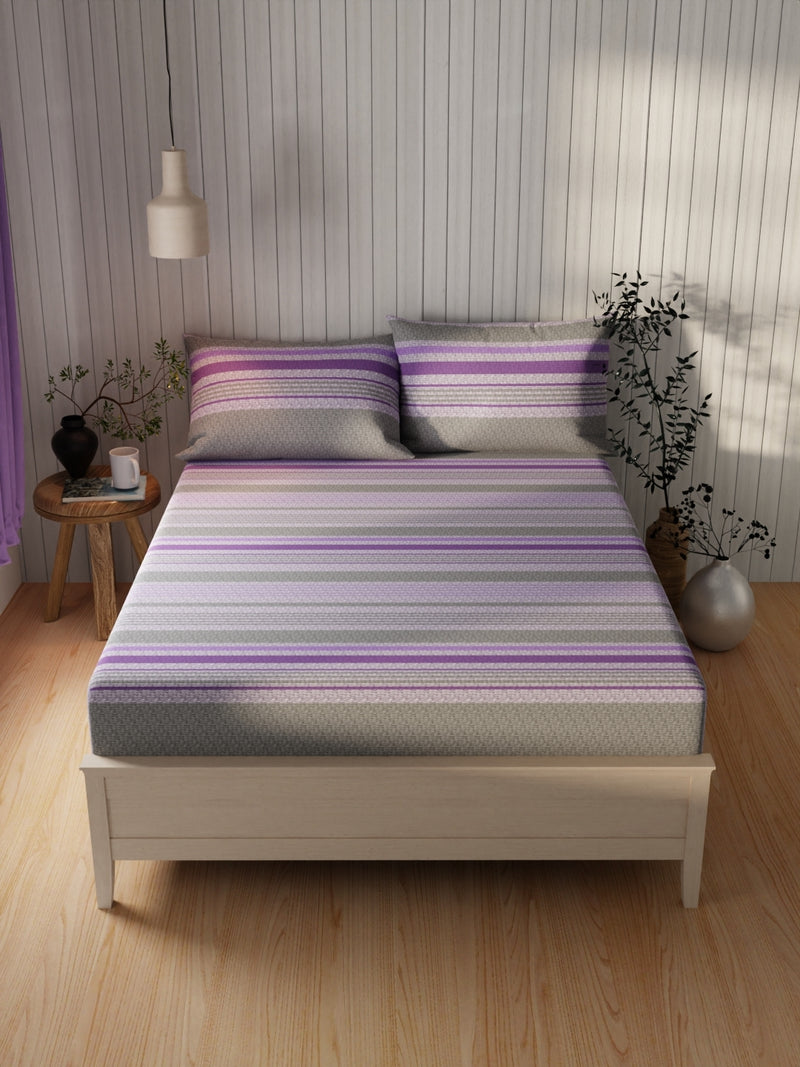 Extra Smooth Cotton Double Bedsheet With 2 Pillow Covers <small> (stripe-grey/purple)</small>