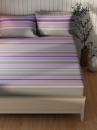 Extra Smooth Cotton Double Bedsheet With 2 Pillow Covers <small> (stripe-grey/purple)</small>