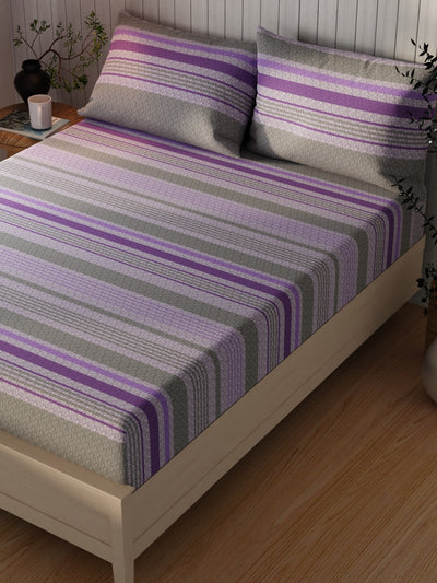 Extra Smooth Cotton Double Bedsheet With 2 Pillow Covers <small> (stripe-grey/purple)</small>