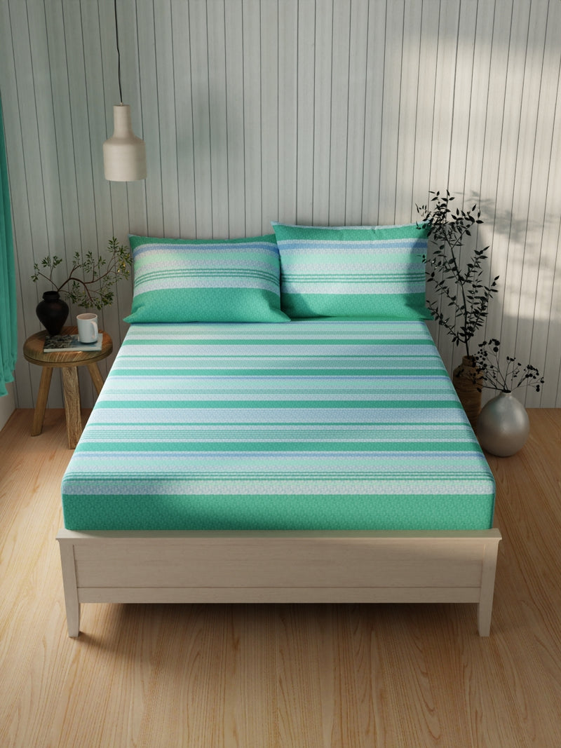 Extra Smooth Cotton Double Bedsheet With 2 Pillow Covers <small> (stripe-green/teal)</small>