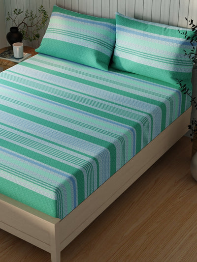 Extra Smooth Cotton Double Bedsheet With 2 Pillow Covers <small> (stripe-green/teal)</small>