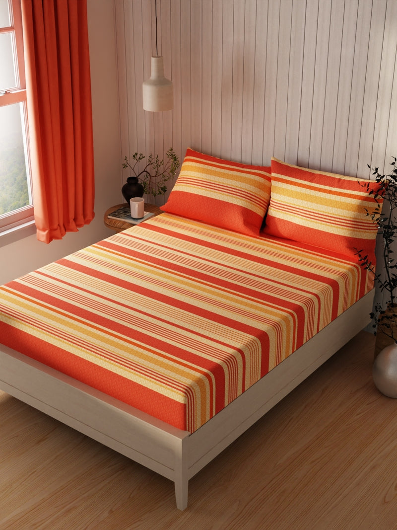 Extra Smooth Cotton Double Bedsheet With 2 Pillow Covers <small> (stripe-brick/beige)</small>