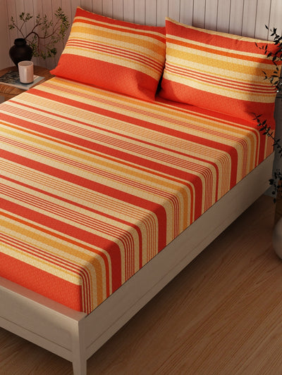 Extra Smooth Cotton Double Bedsheet With 2 Pillow Covers <small> (stripe-brick/beige)</small>