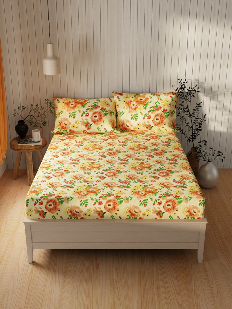 Extra Smooth Cotton Double Bedsheet With 2 Pillow Covers <small> (floral-yellow/multi)</small>