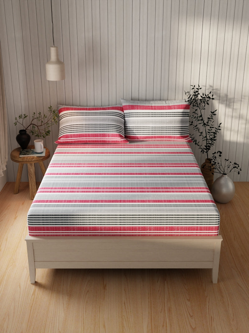 Extra Smooth Cotton Double Bedsheet With 2 Pillow Covers <small> (stripe-red/grey)</small>