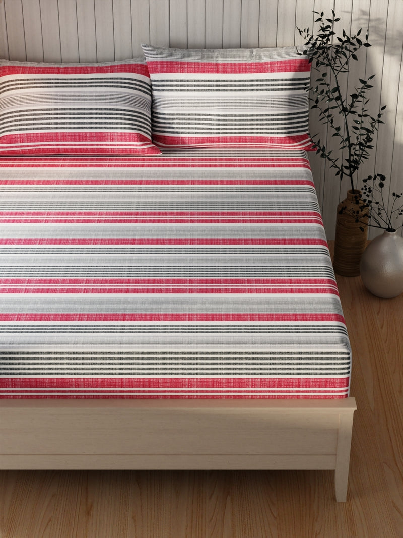 Extra Smooth Cotton Double Bedsheet With 2 Pillow Covers <small> (stripe-red/grey)</small>