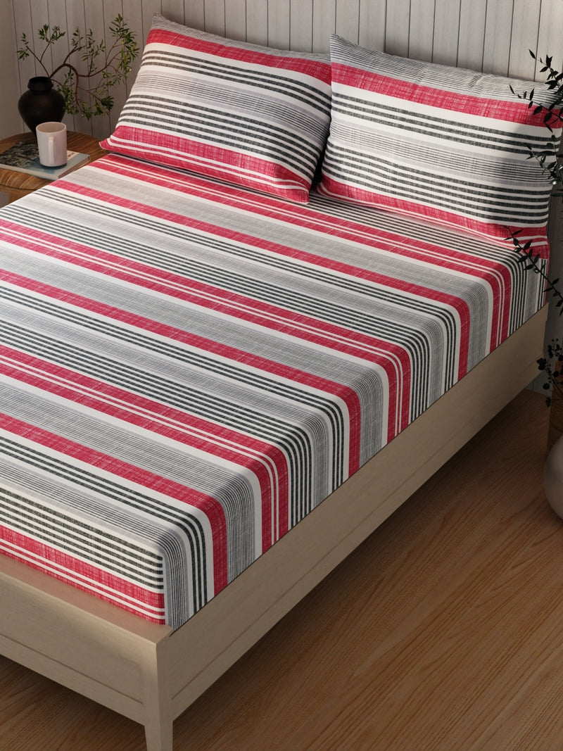 Extra Smooth Cotton Double Bedsheet With 2 Pillow Covers <small> (stripe-red/grey)</small>