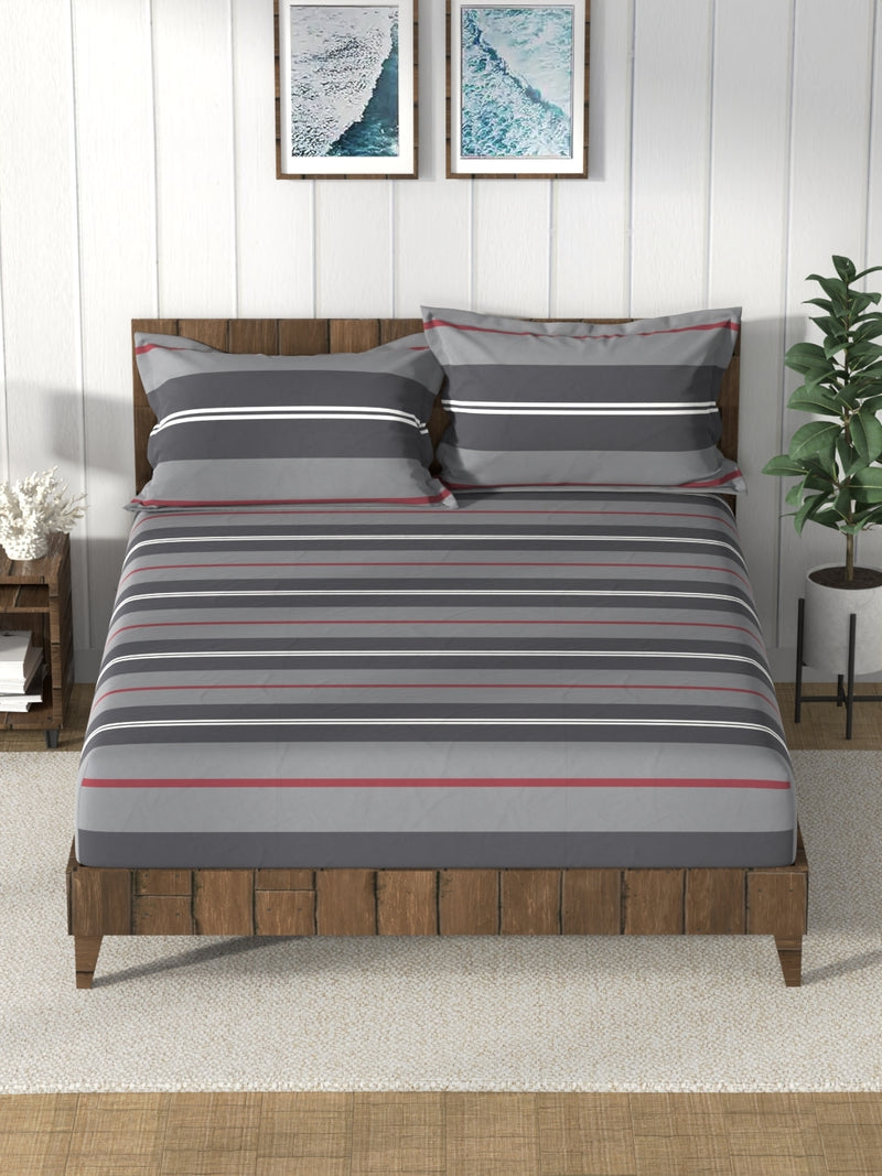 Super Soft 100% Cotton King Bedsheet And 2 Pillow Covers <small> (stripe-grey)</small>