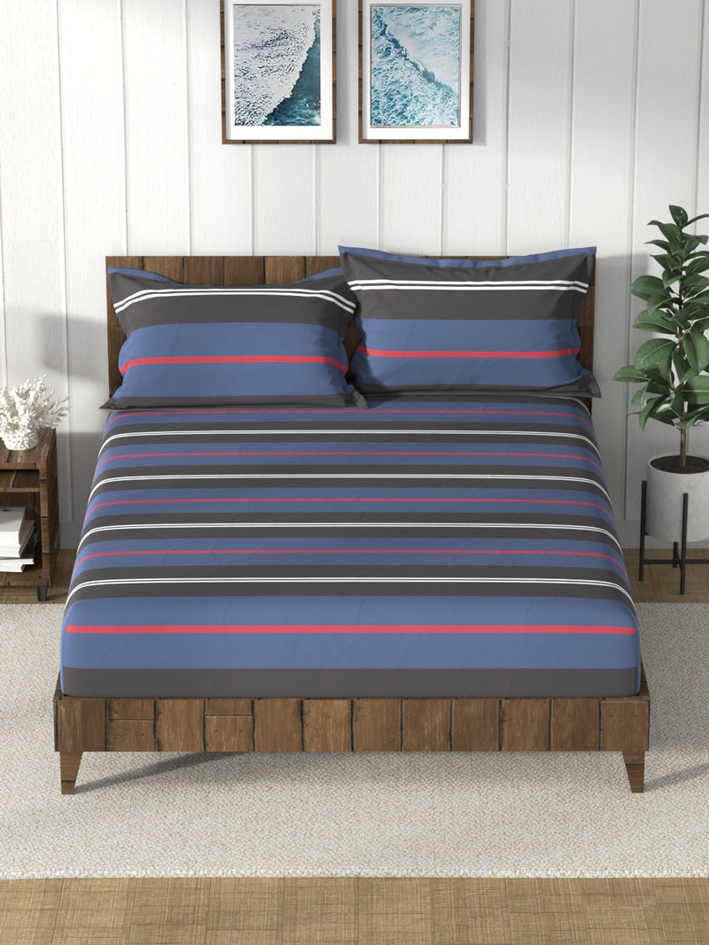 Super Soft 100% Cotton King Bedsheet And 2 Pillow Covers <small> (stripe-blue/black)</small>