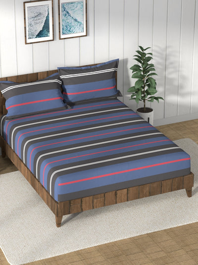 Super Soft 100% Cotton King Bedsheet And 2 Pillow Covers <small> (stripe-blue/black)</small>