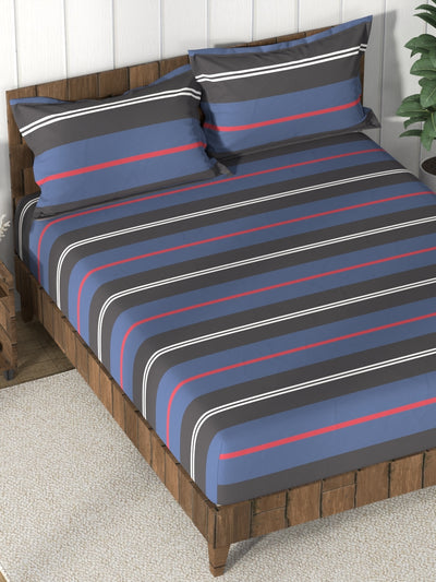 Super Soft 100% Cotton King Bedsheet And 2 Pillow Covers <small> (stripe-blue/black)</small>